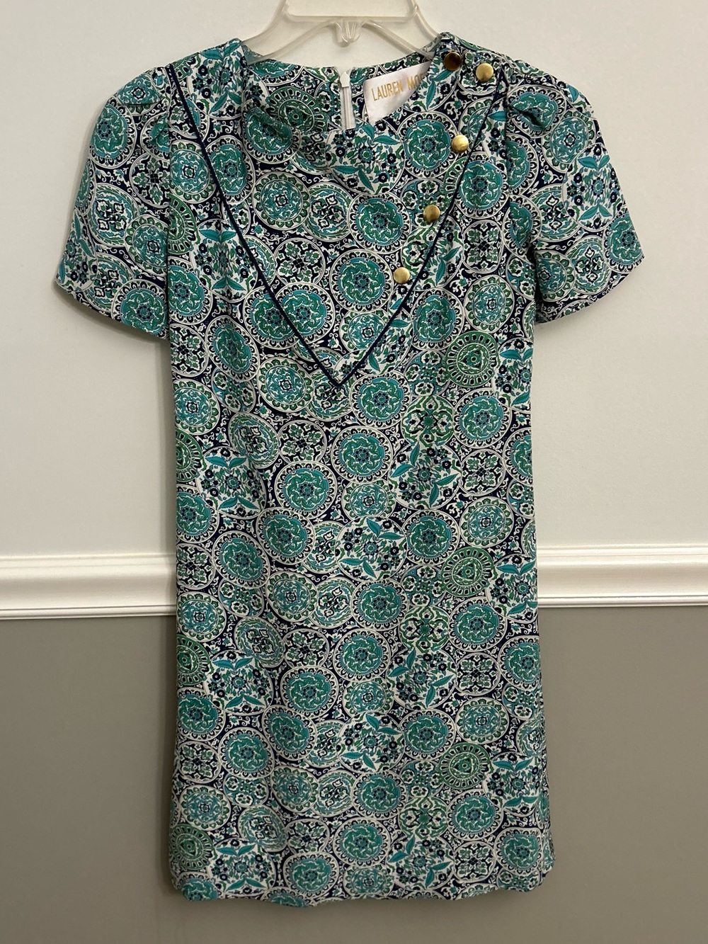 Lauren Moffatt Teal Green Silk Mosaic Handkerchief Button Shift Dress Size 2